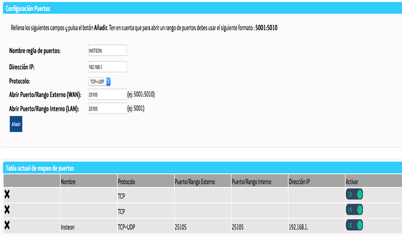 Configuraci&oacute;n de acceso remoto hub insteon